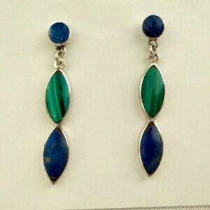 Lapis Lazuli and Malachite Drop Earrings Silver Tone Pierced